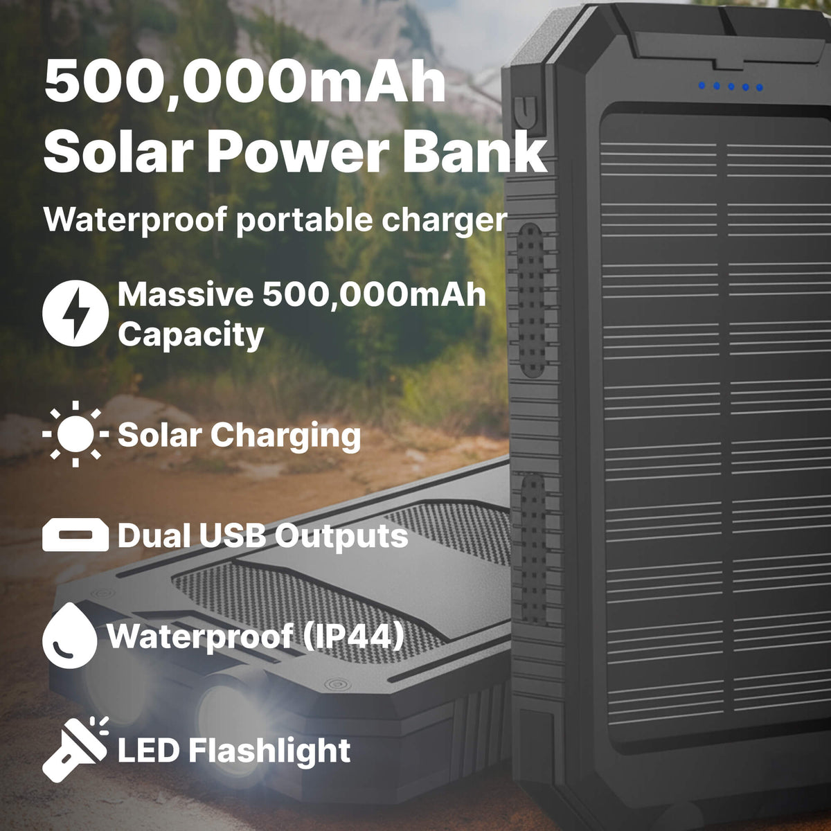 Solar Powerbank 500000mAh Waterproof External Battery with Dual USB and LED Flashlight for Camping and Emergencies