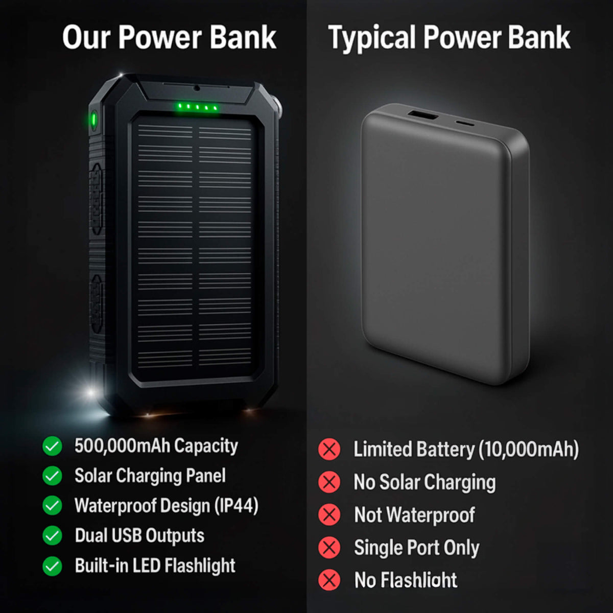 Solar Powerbank 500000mAh Waterproof External Battery with Dual USB and LED Flashlight for Camping and Emergencies