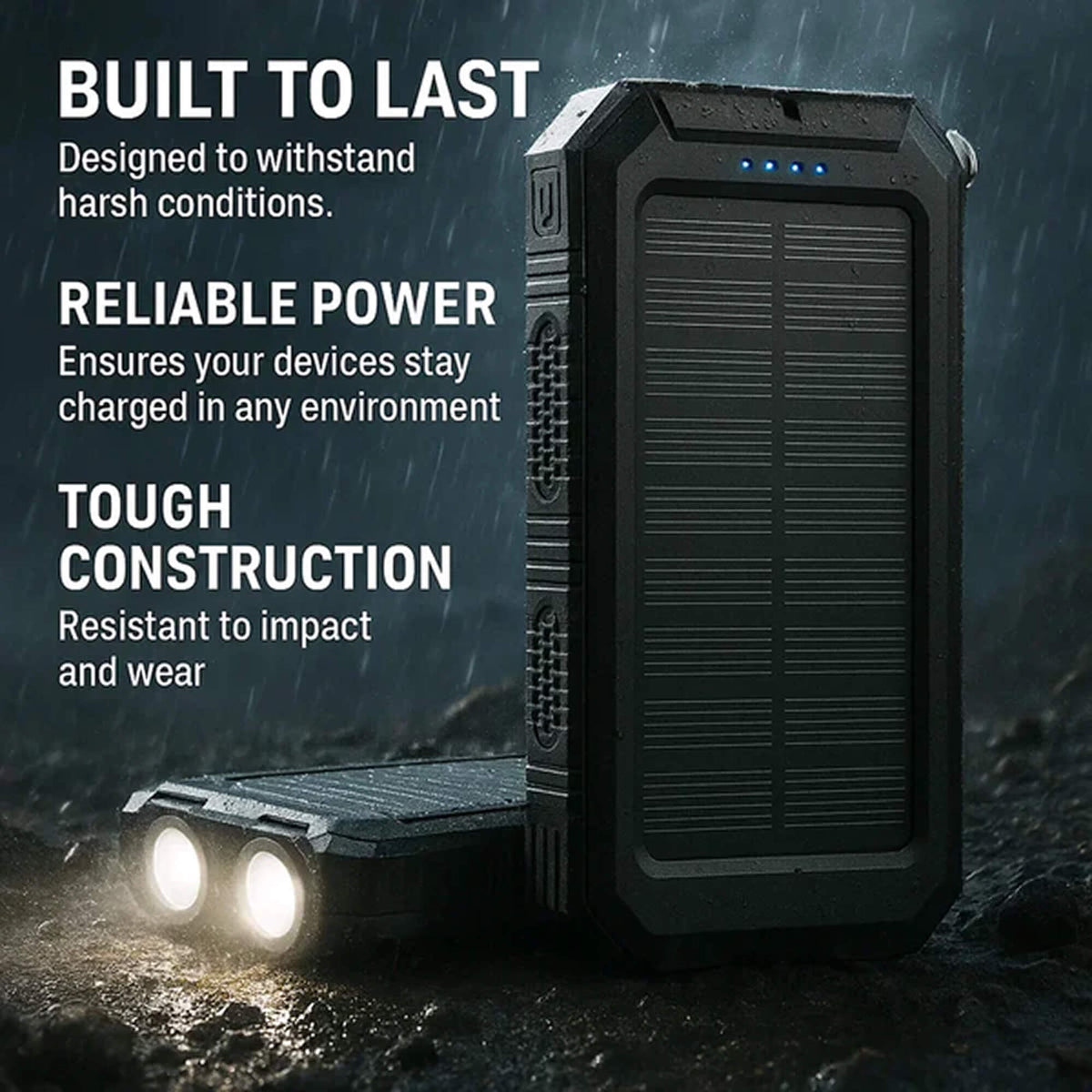 Solar Powerbank 500000mAh Waterproof External Battery with Dual USB and LED Flashlight for Camping and Emergencies