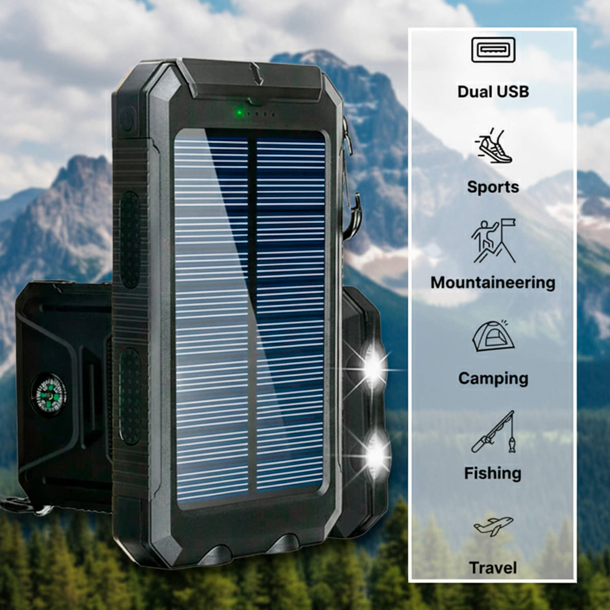 Solar Powerbank 500000mAh Waterproof External Battery with Dual USB and LED Flashlight for Camping and Emergencies
