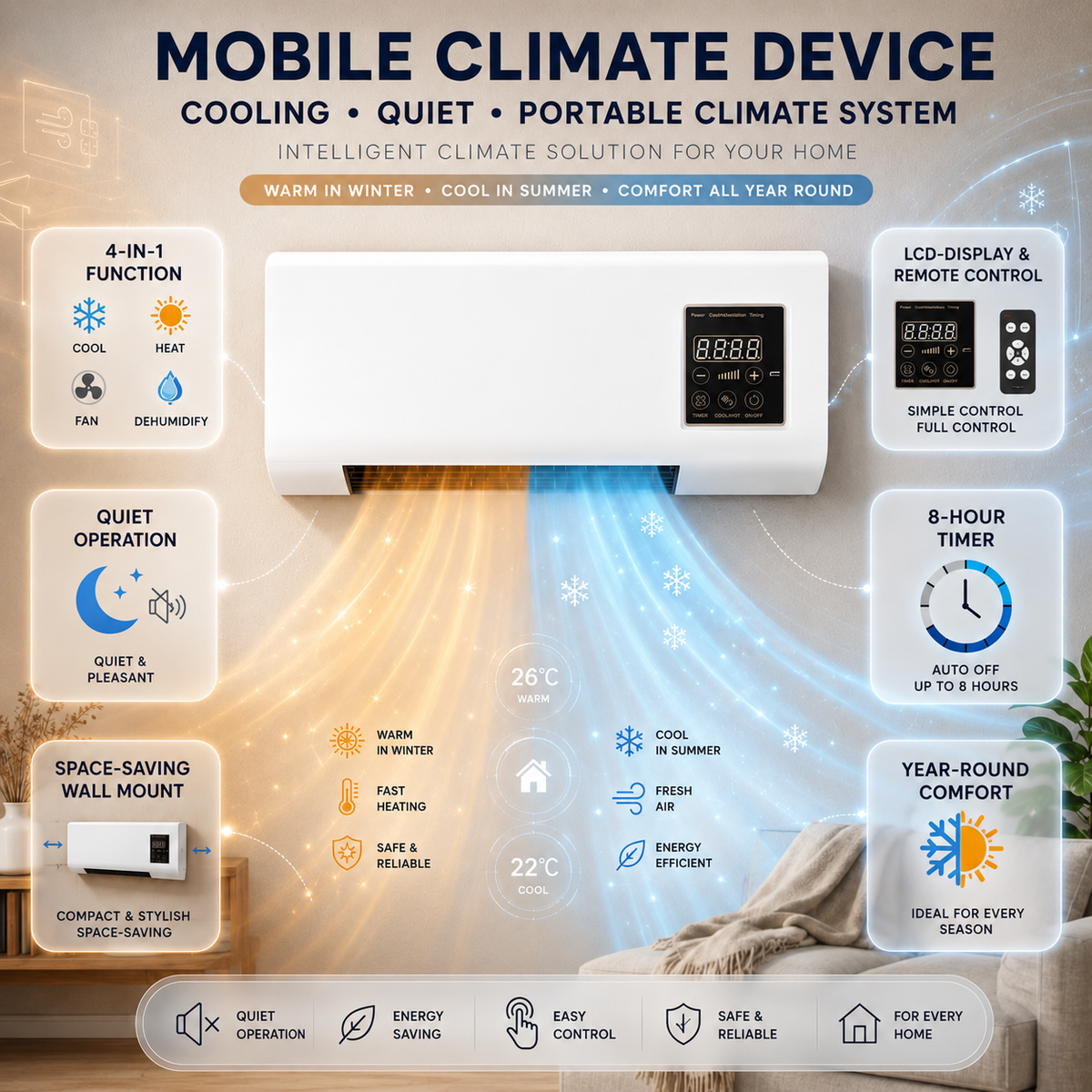 Air Conditioner Without Outdoor Unit for Bedroom, 4-in-1 Cooling, Heating, Ventilating and Dehumidifying, Wall-Mounted, Quiet Mini Air Conditioner for Attic Room with Timer