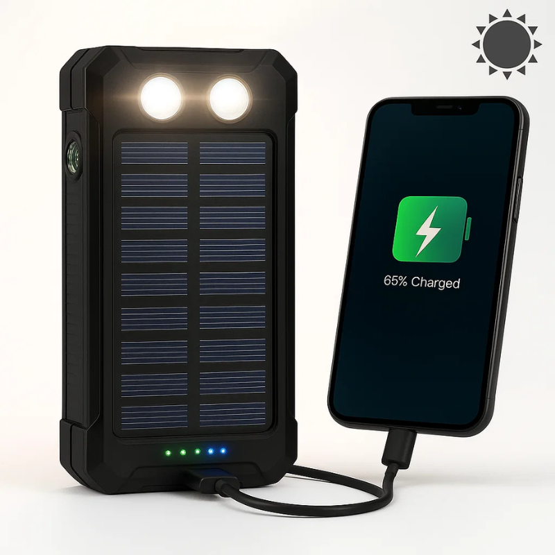 Solar Powerbank 500000mAh Waterproof External Battery with Dual USB and LED Flashlight for Camping and Emergencies